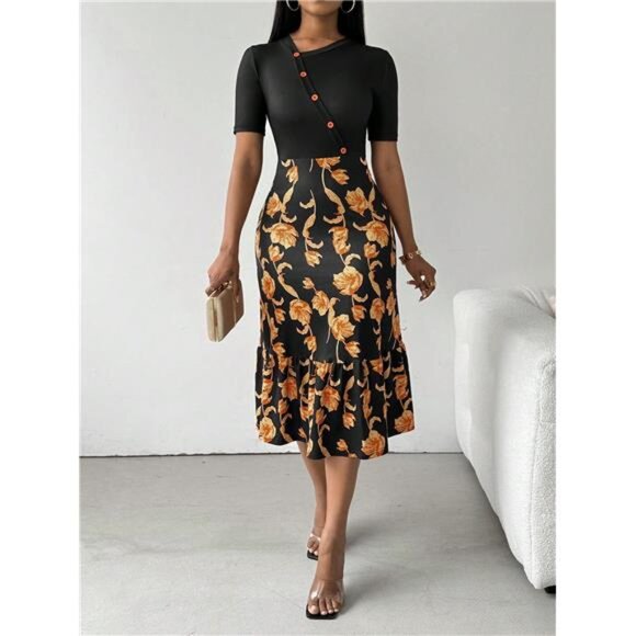 Women's Casual Midi Floral Print Pleated Dress With Waist Button Decorations - Picture 1 of 6